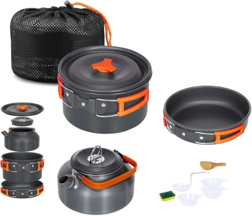 SMHLINE® Camping Kochgeschirr Set, 10 Teilige Outdoor Geschirr Set mit Camping Topf 2L, Camping Bratpfanne 0.7L und Teekannen 1.1L für Camping Outdoor Kochen Wandern Reisen