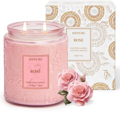 Mepure Rose Duftkerze im Glas, 210g Sojawachs, Entspannung & Geschenkidee | 2 Baumwolldochte, gleichmäßiger Abbrand, handgegossene Kerze, strukturiertes Glas, sanfter Rosenduft, bis zu 50 Std.