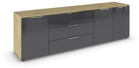 Rauch Möbel Flipp, Kommode, Farbe Glas Basalt/Eiche Artisan, Breite 199 cm | Sideboard, 3-türig, 3 Schubladen, Glasfront, Soft-Close-Funktion, für Schlafzimmer, Gästezimmer, Wohnzimmer, Garderobe, Flur