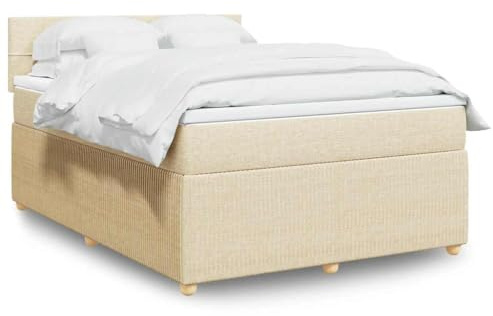 Hoopleep Boxspringbett Creme 140x200 cm, Stoffbezug mit Taschenfederkernmatratze, LED-Beleuchtung und Abnehmbarer Matratzenauflage für Schlafzimmer