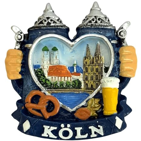 Kühlschrankmagnet Souvenir – Bierkrug Motiv mit Köln Skyline & Dom im Herz, 3D Magnet – Reiseandenken Mitbringsel & Geschenkidee