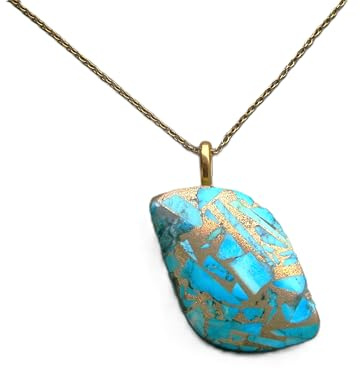 Generisch Halskette mit Türkis Jaspis Anhänger in Kintsugi Optik, Kette vergoldet, natürlicher Edelstein, echter Naturstein