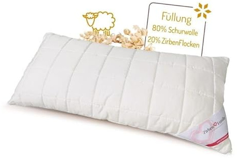ZirbenFamilie® ZirbenSchlafkissen 40 × 80 cm • 80% Schurwolle & 20% ZirbenFlocken • mittelhart & individuell anpassbar • Baumwollbezug waschbar • gefertigt in Deutschland