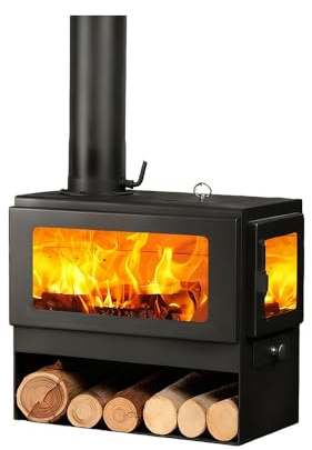 Stufa a legna, riscaldamento interno fino a 170 mq, piastra in acciaio resistente con grande finestra in vetro, include tubi per camino