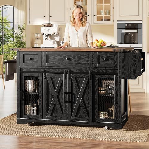 Îlot Central Cuisine Mobile avec Plan de Travail Extensible et Prise Électrique, Meuble de Rangement sur roulettes 91cm Haut, Design Ferme Moderne, 3 Tiroirs et Portes Coulissantes, Capacité 75kg