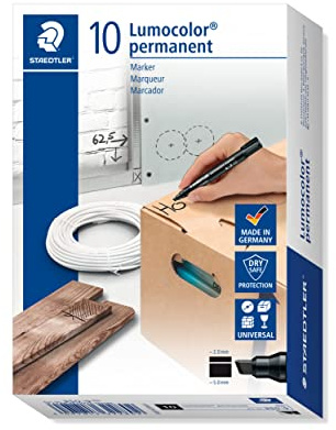 STAEDTLER Lumocolor 350 Permanent Marker – Schwarz, 10er-Set, Keil | Keilspitze 2,0–5,0 mm, wischfest auf fast allen Oberflächen – wasserfest – Art.-Nr. 350-9