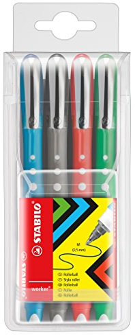 STABILO® Tintenkugelschreiber worker®, 0,5 mm, Schreibfarbe: sortiert (4 Stück), Sie erhalten 1 Etui á 4 Stück