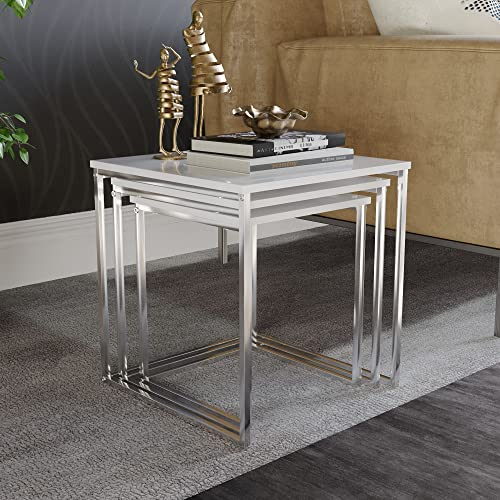 Vida Designs Aztec 3 Satztische, Beistelltisch, Ablagetisch, Magazine Zeitschriften, Nachttisch, Flur Korridor Eingang Wohnzimmer, Metall, Weiß