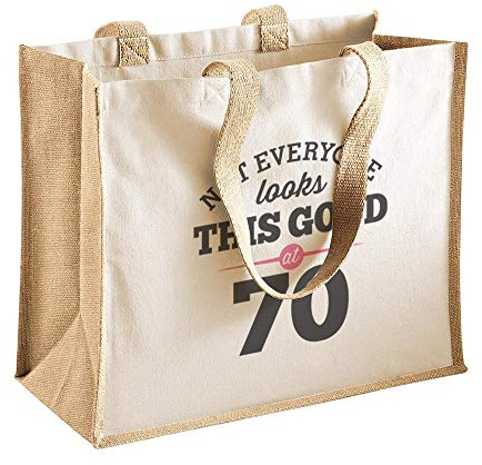 Damen Tasche mit Aufdruck zum 70. Geburtstag (in englischer Sprache), Textil, natur, 42 x 33 x 19cm