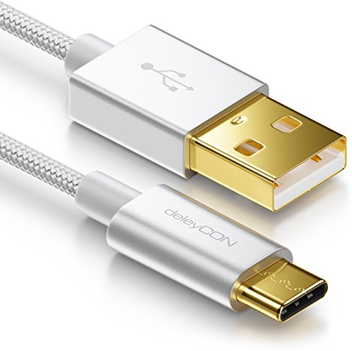 deleyCON 2m Cavo USB-C - Cavo di Ricarica Cavo Dati - Nylon + Spina in Metallo - USB C a USB A - Compatibile con Apple Samsung Google Huawei Xiaomi Tablet Laptop PC - Argento