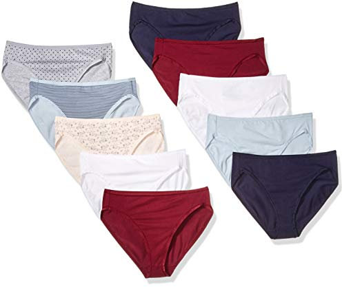 Amazon Essentials Women's Cotton High Leg Brief Underwear (Available in Plus Size), Breathable, Pack of 10, Dots/Floral Print/Thin Stripe, 10