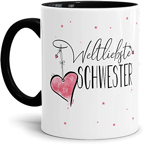 Tasse mit Spruch für die Weltbeste Schwester - Kaffeetasse/Familie/Geschenk-Idee/Mug/Cup/Innen & Henkel Schwarz