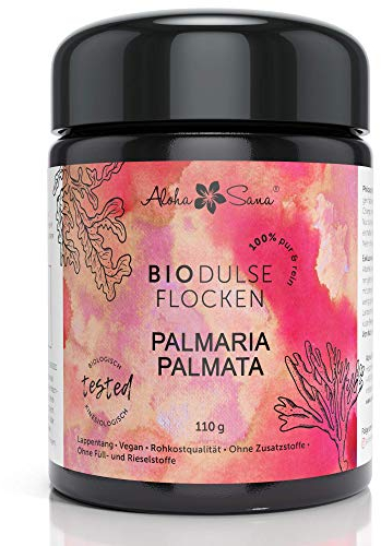 Aloha Sana | Dulse Flocken Bio Atlantik aus Irland (110g) | Lappentang aus dem Atlantik bio (Naturschutzgebiet) | Rotalgen im Ultraviolettglas | laborgeprüft und energetisch getestet