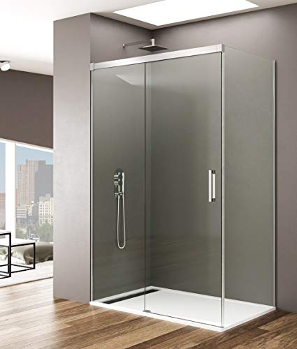 GME Paroi de douche Basic Angle au sommet fixe + coulissant avec côté fixe Anti-calcaire Verre 6 mm 120 x 80 cm Transparent