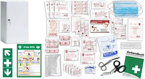 Erste Hilfe Schrank-Medizinschrank-Verbandschrank (247x110x343) -Komplettpaket- Füllung nach AKTUELLER DIN/EN 13157 (Betriebe) + viele Extras INKL. Verbandbuch + Aushang + Folienaufkleber
