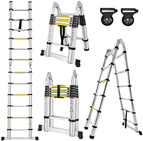 LZQ Klappleiter Anlegeleiter Teleskopleiter Ausziehleiter Alu Teleskop-Design Mehrzweckleiter, 12 Sprossen - 87cm bis 3,8m Anlegeleiter, 150 kg Belastbarkeit