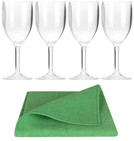 Moritz 4 Stück Acryl Weinglas Set 290 ml klar + 1x Mikrofasertuch Spültuch grün Camping Gläser Glas Kunststoff für Wasser Wein Cocktail UVM Campingküche