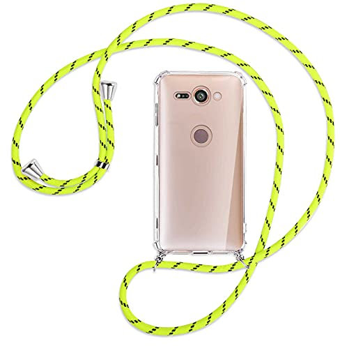 mtb more energy® Handykette kompatibel mit Sony Xperia XZ2 Compact (5.0'') - Neon-Gelb gestreift - Smartphone Hülle zum Umhängen - Anti Shock Full TPU Case