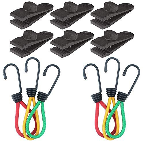GTIWUNG 6PCS Tarp Clips Tarpaulin Holder Heavy Duty Lock Grip Tent Accessories + 6PCS Bungee Cord with Opening Hooks 15cm, Elastic Strap with Spiral Hook, for Awnings, Outdoor Camping, Car Covers