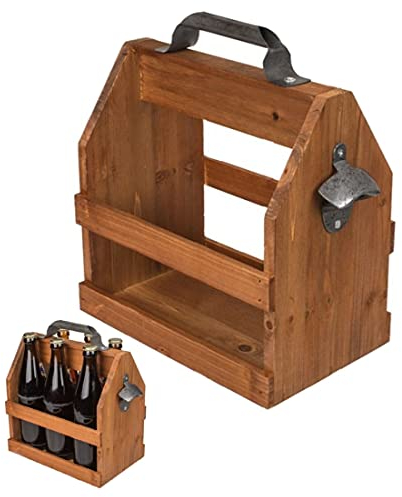 CBK-MS Party Holz Bierträger für 6 Flaschen a 0,5 l Sixpack mit Metall Flaschenöffner Vintage Getränkekorb