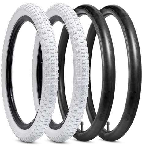YunSCM 2-PCS 16 Zoll Weiß Fahrradreifen 16x2.125 57-305 und 16 Zoll Verdickung schläuche Schrader Ventil AV32mm, Kompatibel mit 16x2.10 16 x 2.125 MTB, Rennrad Fahrrad Reifen und Schläuche