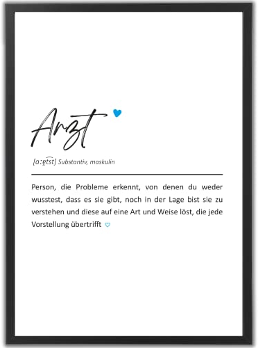tradercat Arzt Poster Set, Berufe Definition Herz Kunstdruck, Wandbild Arzt Geschenk, A4, Schwarzer Rahmen, für Praxis Dekoration und Jubiläumsgeschenk