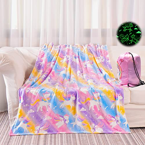 Glow In The Dark Rosa Kinderdecke,Regenbogen Einhorn Geschenke für Mädchen,Wärme Geschenkideen für Geburtstag Ostern Weihnachten,Mädchen Geschenkideen für Kinder 1 2 3 4 5 6 7 8 9 10 Jahre(127*152cm)