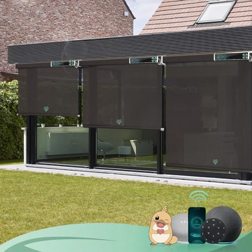 Yoolax Elektrische Außenrollo Senkrechtmarkise Balkonrollo mit Fernbedienung, Kompetibel mit Alexa Google Home, Sonnenschutz/Wetterfest/Anti-UV Außen Elektrische Rollo für Garten, Nach Maß(Schokolade)