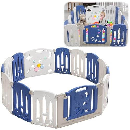 YUENFONG Laufgitter Baby Laufstall Faltbar Absperrgitter 12+2 Paneele mit Tür und Spielbrett Schutzgitter Kinderzaun für Kleinkinder und Baby(Blau Weiß)