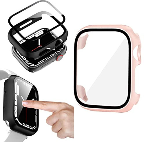 Wigento Für Apple Watch Series 9 8 7 45mm / 6 SE und 2022 2023 5 4 44mm 2 in 1 Shockproof Hart Uhr Hülle Cover + H9 Hart Glas Rosa