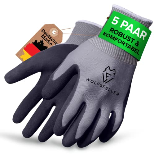 WOLFSFELLER Premium Arbeitshandschuhe Größe 7 | 5 Paar Robuste & Komfortable Montage-Handschuhe Damen | Mit Langlebiger Nitril-Beschichtung
