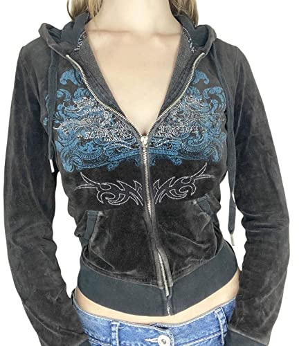 FeMereina Women Y2K Zip Up Crop Hoodies Long Sleeve Velvet Kawaii Cropped Sweatshirts Rhinestone Heart Printed Heart Hooded Jacket Autumn Streetwear