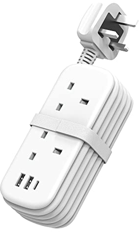 Unidapt 2 Socket Extension Cable with USB C and A, 3250W 13A, Multi Power Strip with 1.5M Rollable Cord for Home Office Travel, White