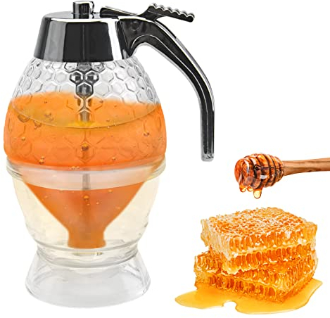 VOSSOT Pots à miel, distributeur de miel en acrylique, récipient à sirop, distributeur de sirop, distributeur de miel, récipient avec support de rangement, pour servir du miel et du sirop, sans
