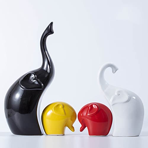 EIN Set von 4 Elefantenskulpturen-Elefantenstatue modernes Design Keramikfarbe. (Schwarz und weiß rot gelb)