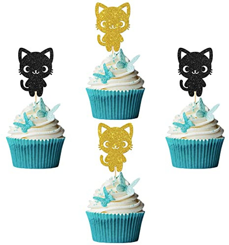 RoadSea Katzen-Cupcake-Topper – Kitty Baby Shower Cupcake Supplies – Kind Junge Mädchen Haustier Geburtstag Dessert Dekor – Hochzeit Party Cupcake Dekorationen – 24 Stück Schwarz & Gold Glitzer