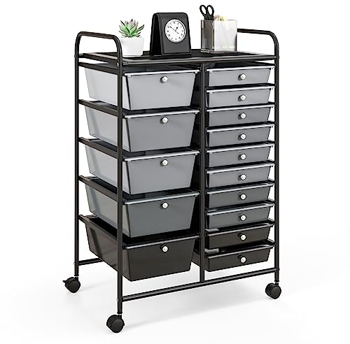 TANGZON 15 Drawers Storage Cart, Multipurpose Mobile Organizer with Lockable Wheels, Utility Rolling Trolley for Home Office Stationery Beauty & Salon (Gradient Black + Black Frame)