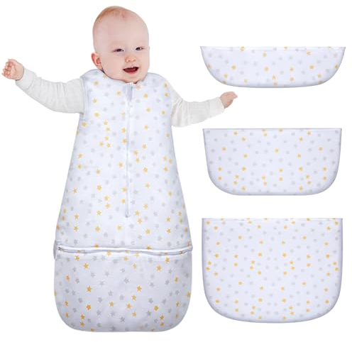 Lictin Schlafsack Baby Winter Baumwolle 2.5 TOG, Winterschlafsack Baby mit 3 abnehmbaren Böden, Babyschlafsack Verstellbarer Länge, Schlafsack Baby für 6-24 Monaten, Schlafsack Kinder Weißer Stern