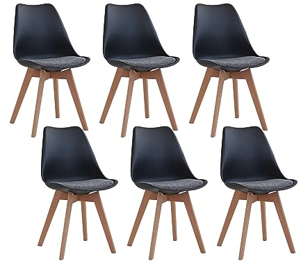 GrandCA HOME Lot de 6 Chaises de Salle à Manger avec Pieds en Hêtre Massif, Design Rétro, Chaise Rembourrée, Chaise de Cuisine en Bois, Noir-QNG
