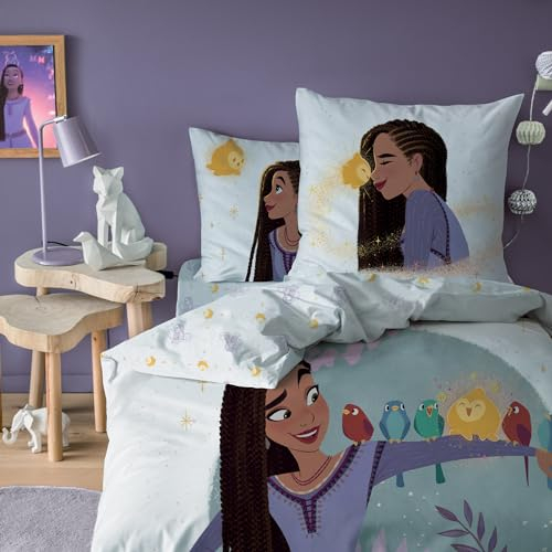 OMYDREAM Disney Wish Asha Bettwäsche für Kinder, bedruckt, 100 % Baumwolle, Oeko-TEX | Bettbezug 140 x 200 cm und Kissenbezug 63 x 63 cm, Blau