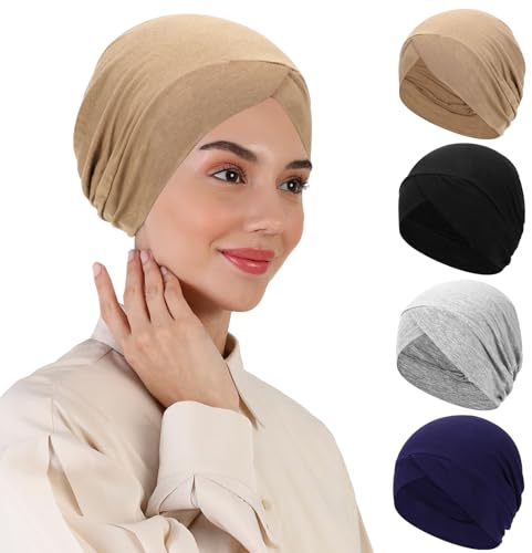 XEPST 4 STÜCK Hijab-Unterkappe für Frauen, islamische muslimische Unter-Hijab-Kappe Kreuz-Turban-Untertuch Einfarbige Unterkappe Motorhaube Innenkopfwickel Haarturbane für Frauen Chemo-Schlafmütze