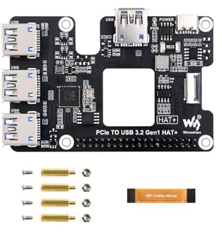 Waveshare PCIe to USB 3.2 Gen1 HAT+ Expansion Card for Raspberry Pi 5, PI5 Adapter Board, 4 USB Ports, 1-to-4 High-Speed USB Ports, HAT+ Standard, with Power Monitoring Chip & Fan Vent, Plug and Play