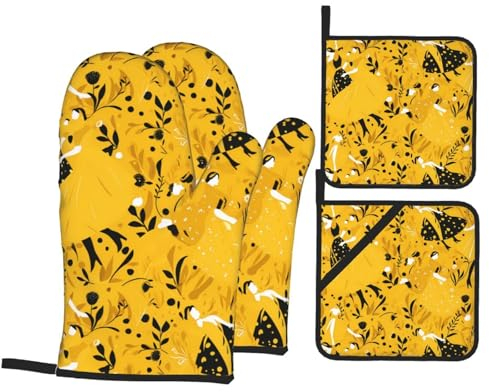 YYHWHJDE Set di 4 guanti da forno e presine con stampa gialla alla moda: spessi e durevoli, anti-scottatura e termoisolanti