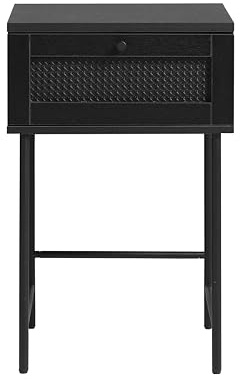 FJORDFORM Nachttisch, Schwarze Metallbeine, Eiche Melamin, MDF, Poly-Rattan,