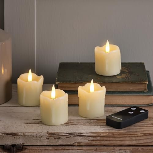 Lights4fun Set of 4 TruGlow® Real Ivory Dripping Wax Votive Tea Lights Battery Operated LED Flameless Candles with Timer and Remote Control Indoor Use