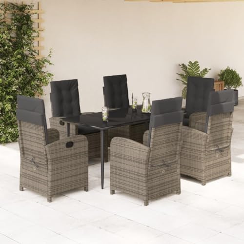 Keyroto Rattan Gartenmöbel Set mit 6 Gartenstuhl Hochlehner Verstellbar Garten essgruppe 6 Personen Sitzgruppe Outdoor Polyrattan Sitzgruppe Sitzgarnitur Terassenmöbel außen-Grau-7-tlg-6
