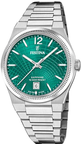 Festina Swiss Made Damenuhr Analog aus Edelstahl 316l Silberfarben | Quarzwerk, Robustes Saphirglas, Wasserdicht 10 ATM, Kalender F20052/6, Rive Collection