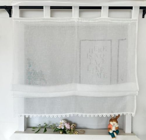Vordesack Leinenoptik Raffrollo mit Blumen-Kante Unifarbige Raffgardine mit Schlaufen Landhausstil Wohnzimmer halbtransparent Gardinenschal Küche 1 Stück Weiß HxB 140x80cm