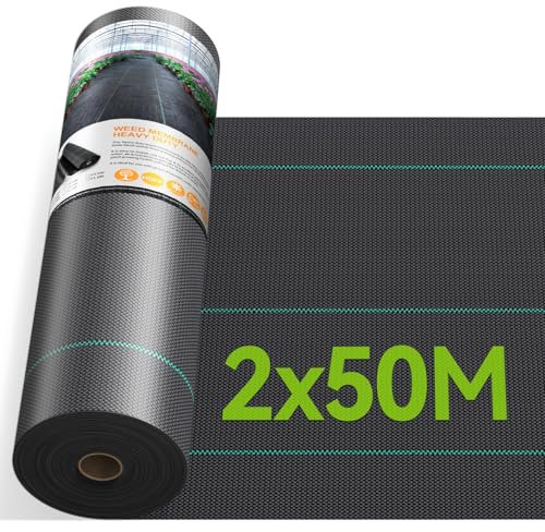 iropro Toile de Paillage 2m x 50m Geotextile,de Paillage Bache Geotextile Toile Anti Mauvaises Herbes Tissu Perméable à l'eau, 90GMS Résiste Rayons UV,Anti Repousse- 100㎡ de Geotextile Noir