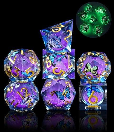 SIQUK 7 Stück Liquid Core Würfel Schmetterling DND Würfel Spielwürfel Leuchten im Dunkeln Polyedrische Würfel Set D4 D6 D8 D10 D12 D20 D% für DND RPG MTG